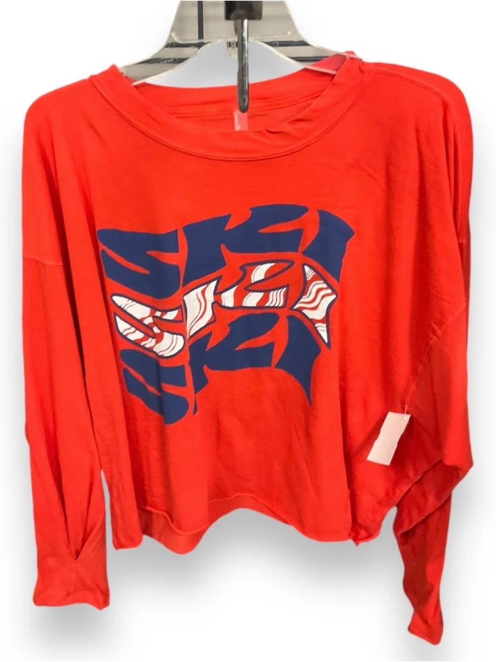 Free People Red Long Sleeve Graphic Top with Navy & White Print